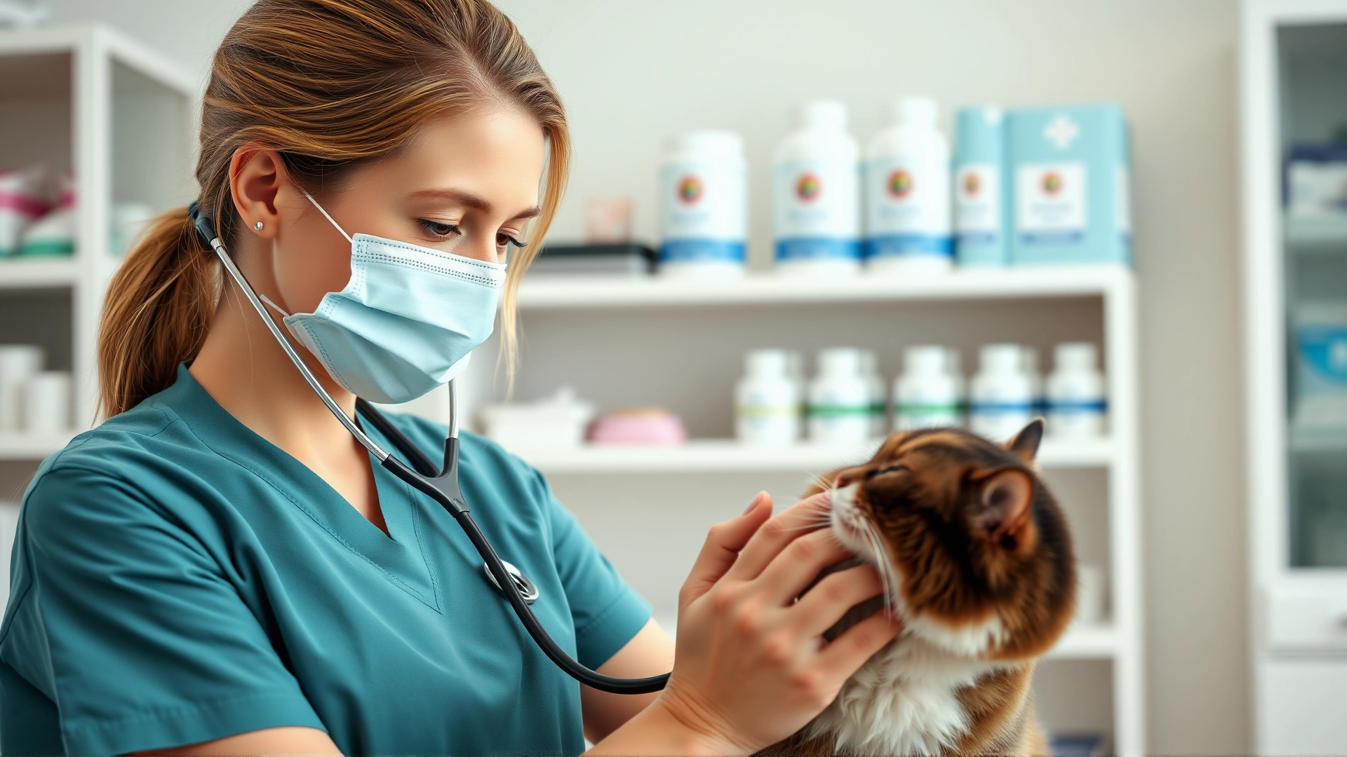 Female veterinarian in teal scrubs listening to a cat's chest with a stethoscope in a modern veterinary clinic, shelves with medical supplies blurred in background, bright and clean environment.