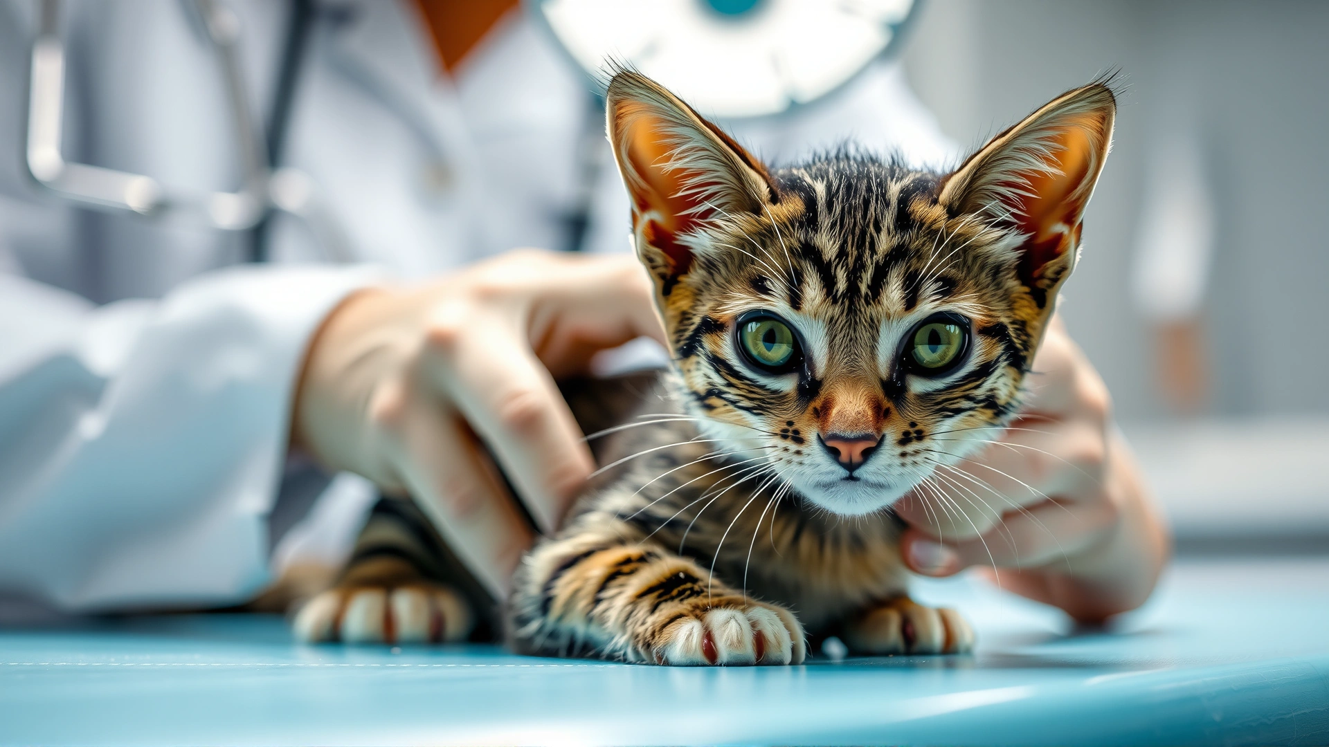 Photo of a veterinarian gently examining a young tabby cat on an examination table, with medical instruments blurred in the background, bright lighting.