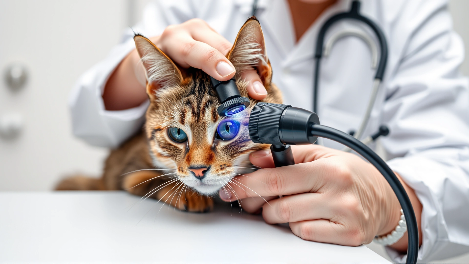 Image of a veterinarian gently examining a cat’s eye with an ophthalmoscope on a clinic table