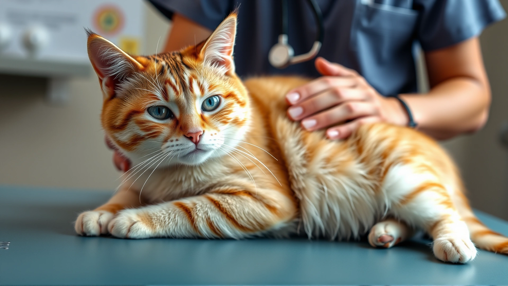 Calm cat on an examination table while a veterinarian in scrubs listens to its chest with a stethoscope