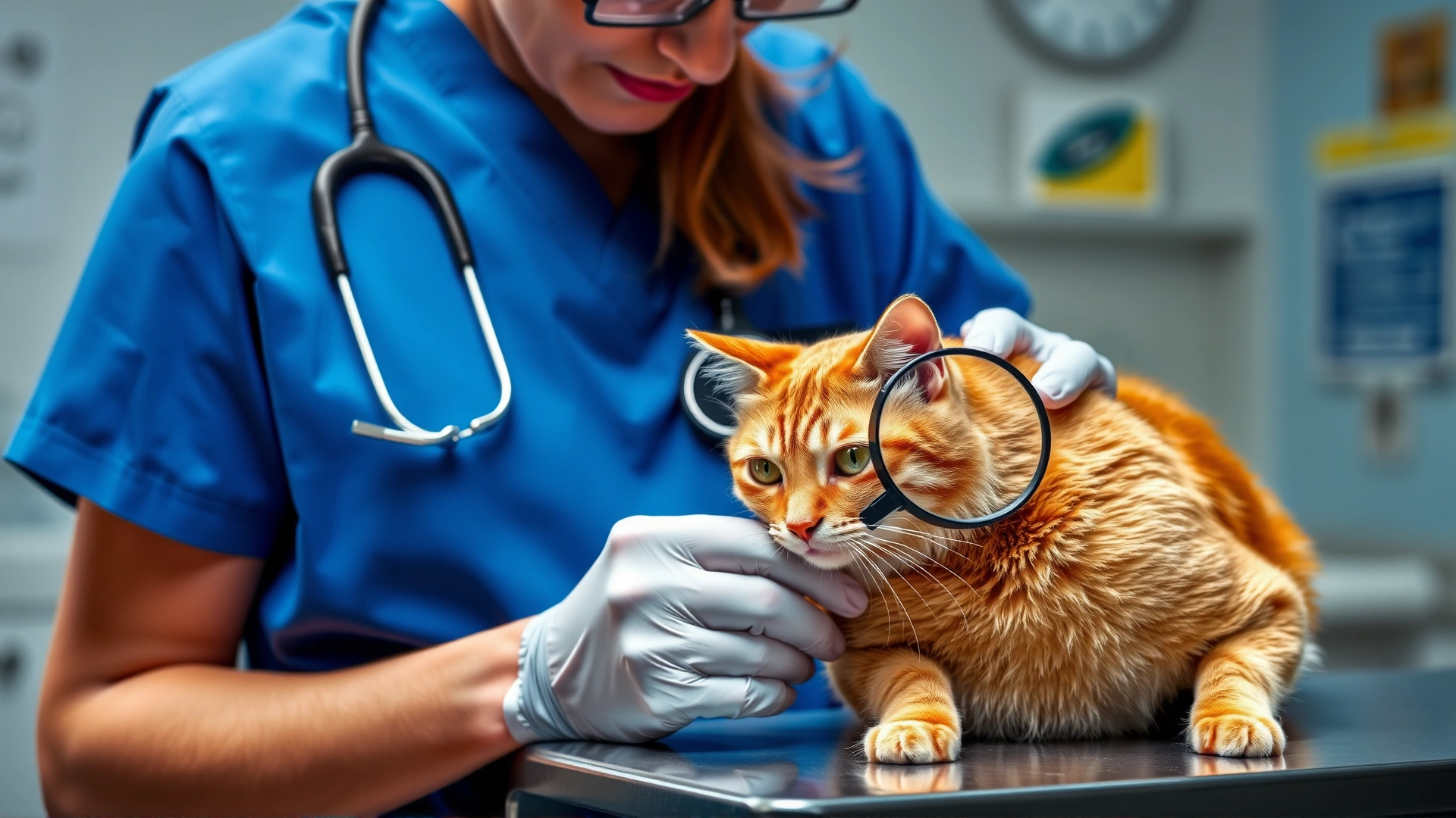 Veterinarian wearing blue scrubs examining a ginger cat's skin with a magnifying glass on the exam table, clinic background