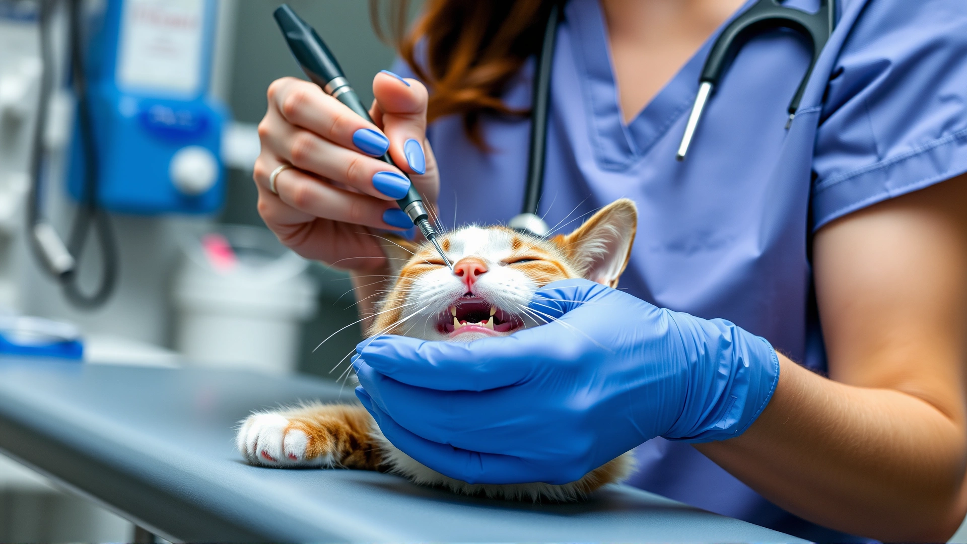 Veterinarian in scrubs holding a dental probe while examining a sedated cat’s teeth on an exam table, clinic equipment blurred in background.
