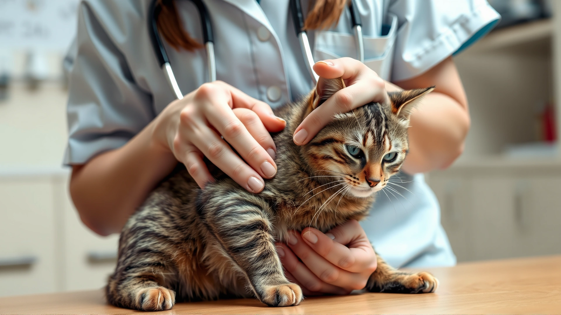 Veterinarian gently examining a grey tabby cat's abdomen in a clinic, demonstrating physical exam.