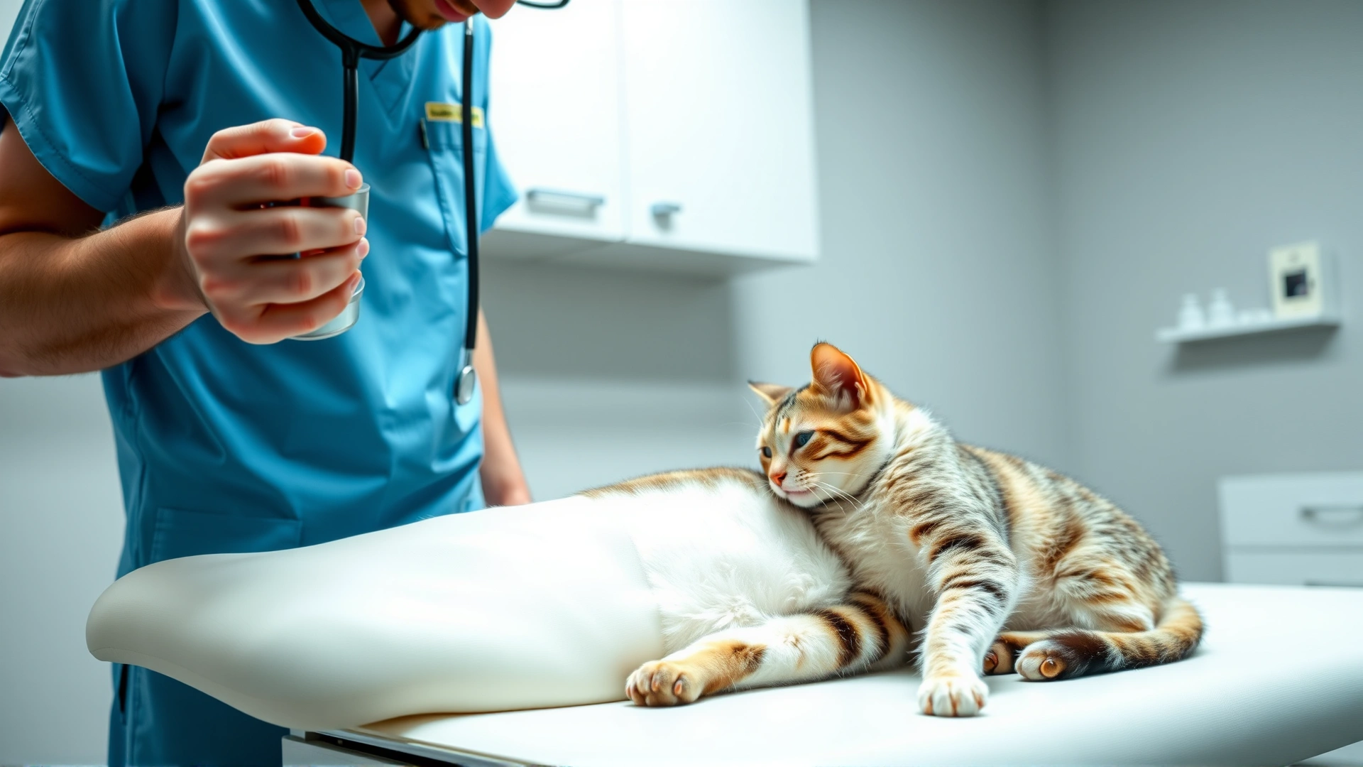 Veterinarian in light blue scrubs using a stethoscope to examine a calm tabby cat on an examination table in a modern clinic