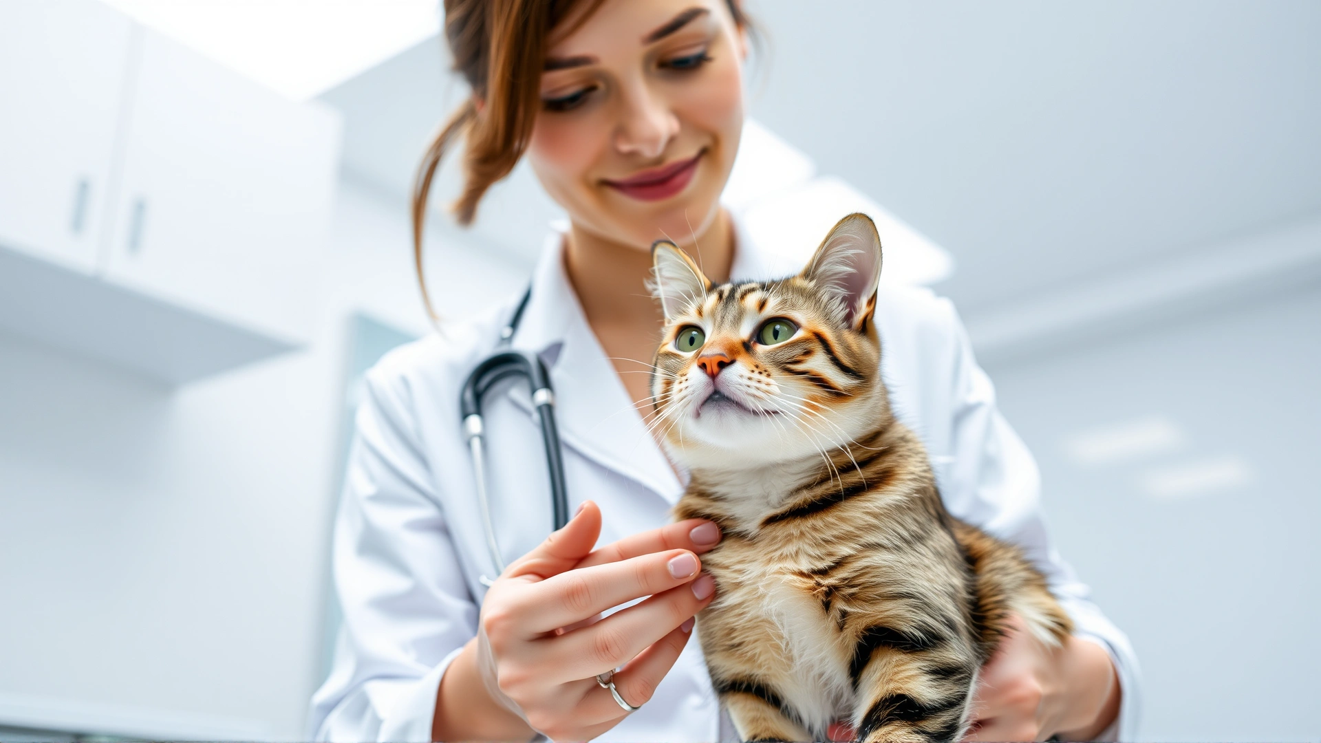 Veterinarian wearing white coat gently listening to a tabby cat's chest with a stethoscope inside a bright modern clinic, focus on caring interaction