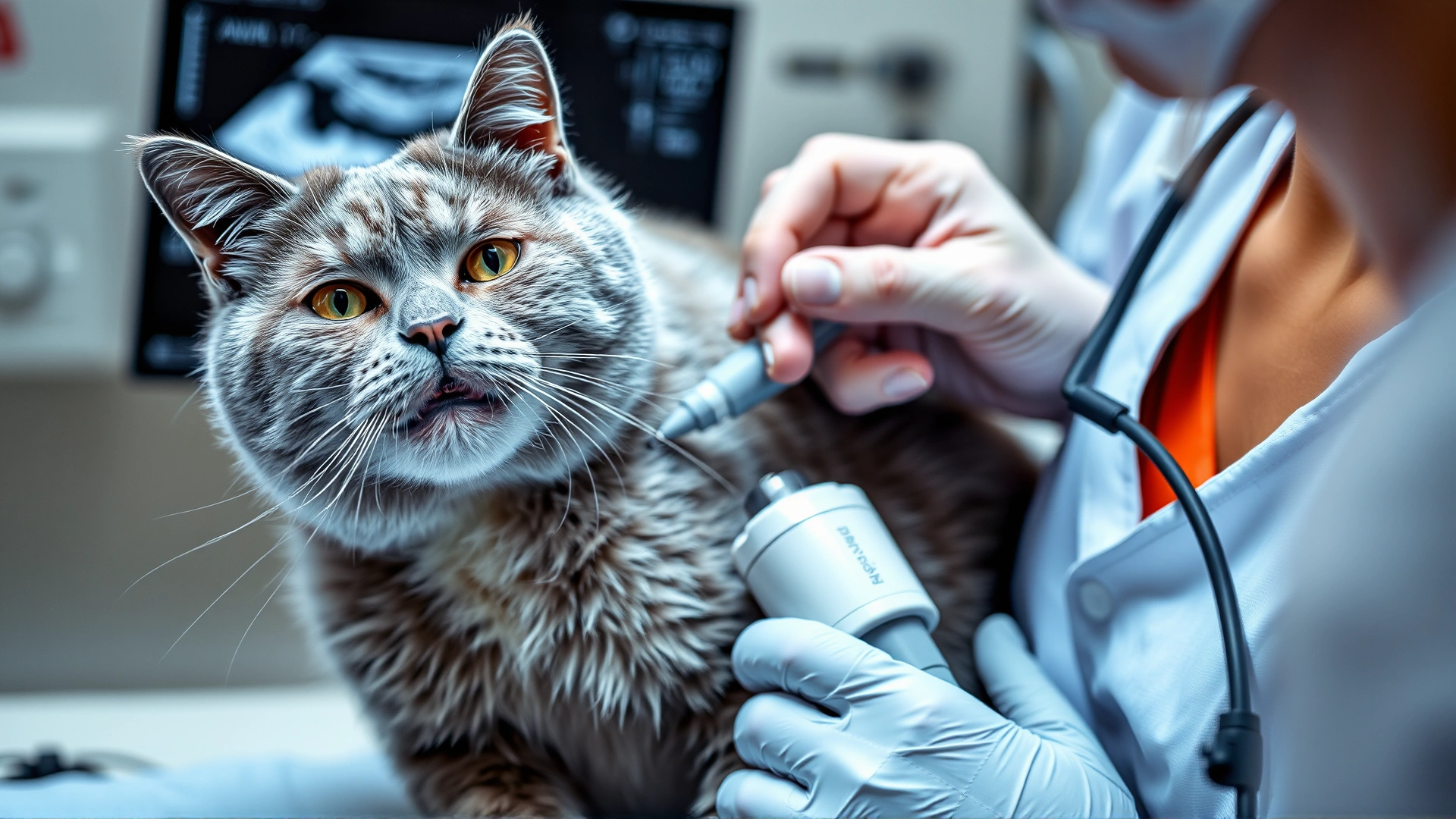 Photo of a veterinarian using an ultrasound probe on a grey cat’s chest, highlighting diagnostic imaging.