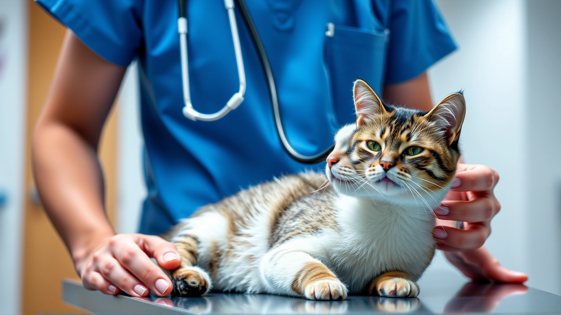 Veterinarian in scrubs gently using stethoscope on a domestic short-haired cat on exam table, modern clinic setting, bright lighting