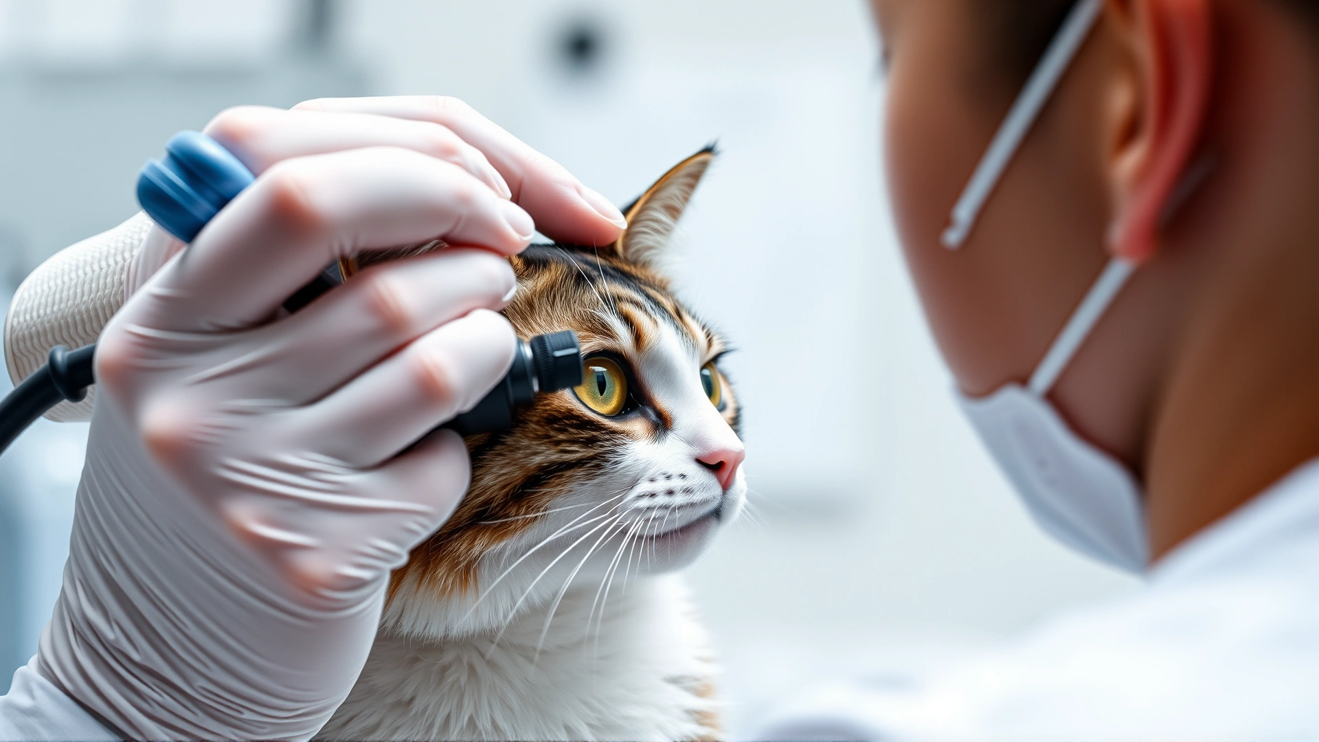 Veterinarian gently examining a cat's eye with an ophthalmoscope in a clinical setting