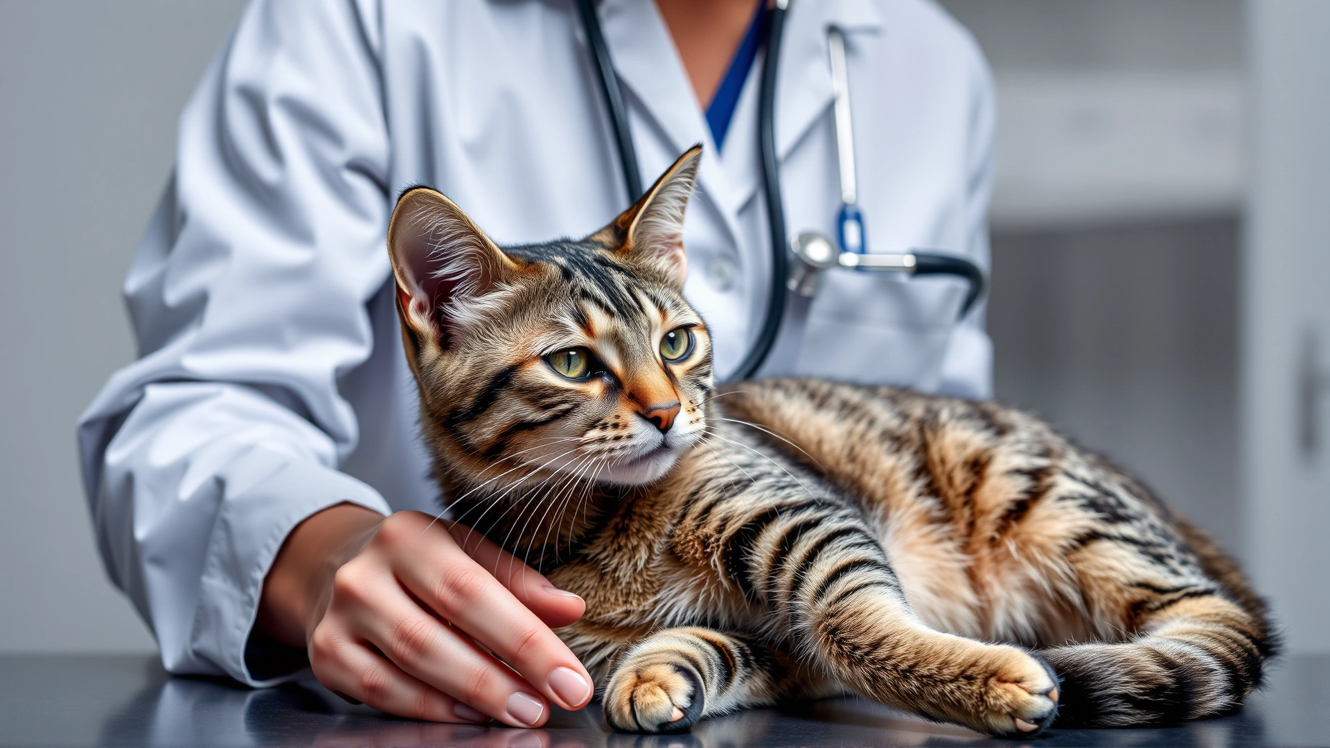 Veterinarian wearing a stethoscope gently examining a tabby cat on the clinic table, no text