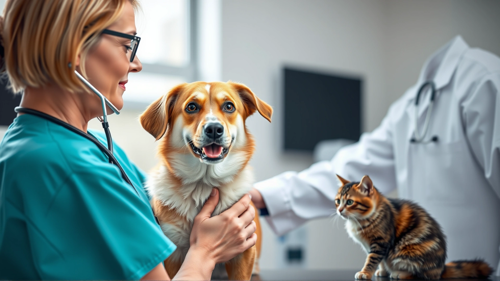 Veterinarian using a stethoscope to listen to a medium-sized dog while a curious cat watches on the exam table, bright clinic environment, high detail