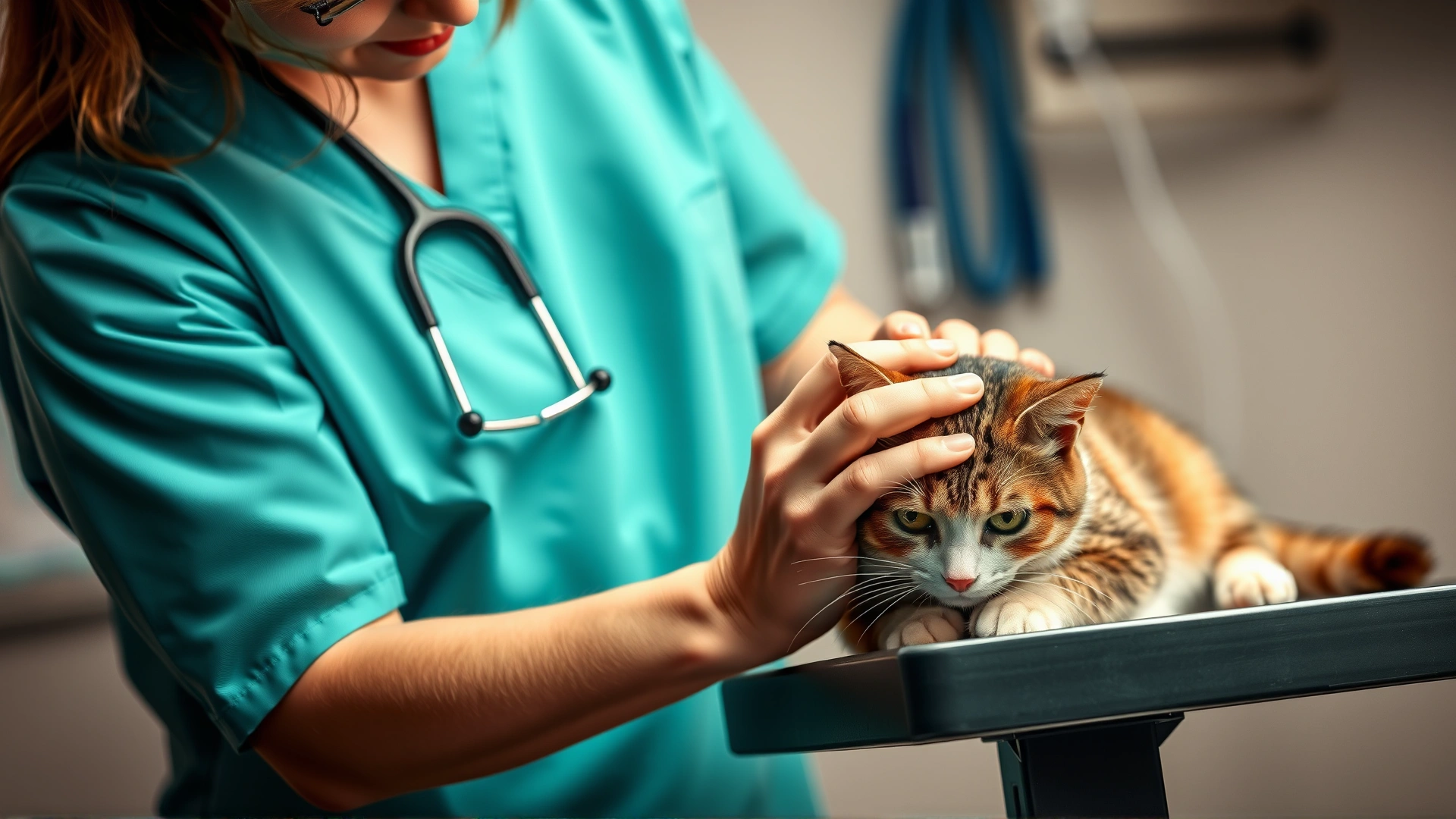 Veterinarian in teal scrubs gently examining a relaxed cat on the exam table, demonstrating proper feline handling techniques.