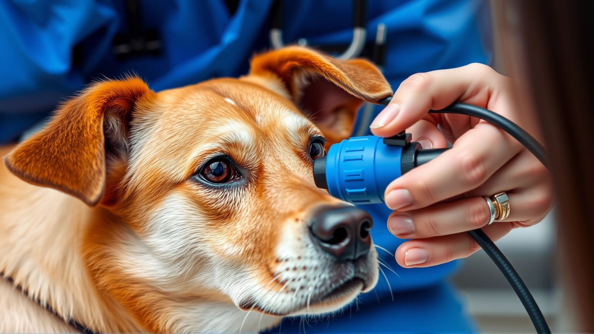 Close-up photo of a veterinarian using an otoscope to inspect a dog's ear, clinical setting, no text