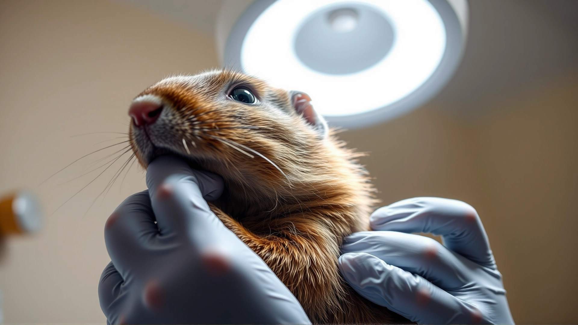 Veterinarian wearing gloves gently examining a prairie dog's skin under a bright clinic light.