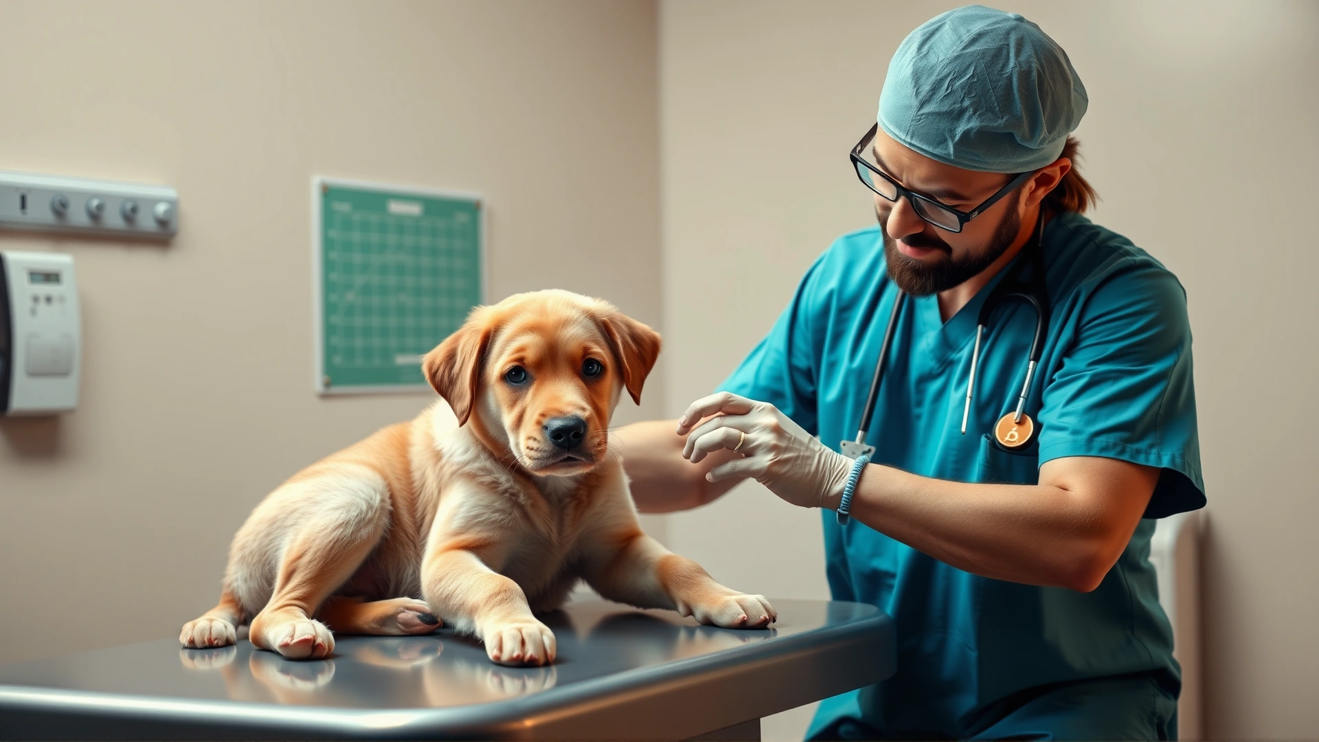 Veterinarian in scrubs gently examining a large-breed puppy on the exam table, warm lighting, caring atmosphere