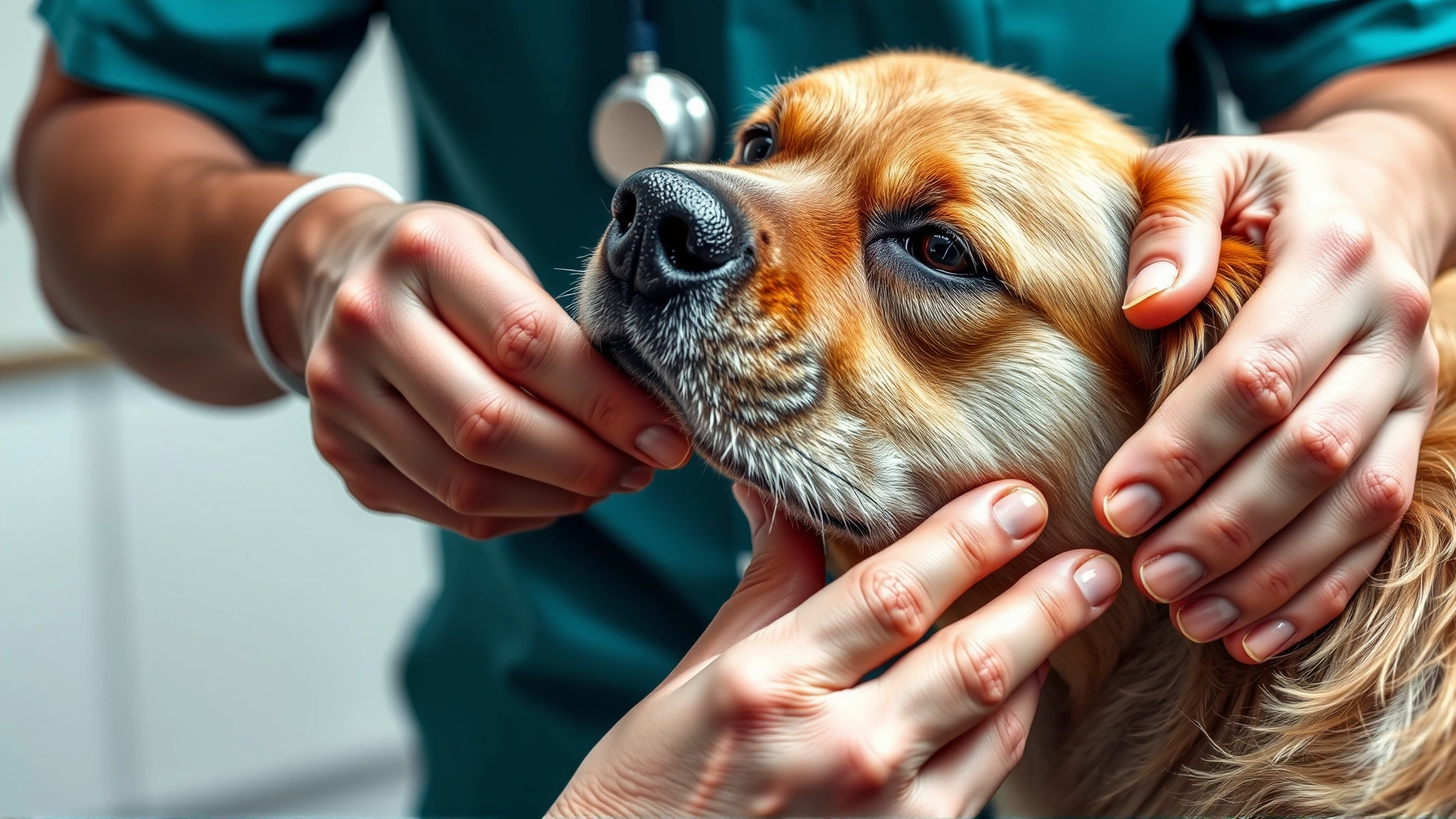 Veterinarian gently parting the fur on a dog's leg to inspect a small circular skin lesion, clinical setting, no text.