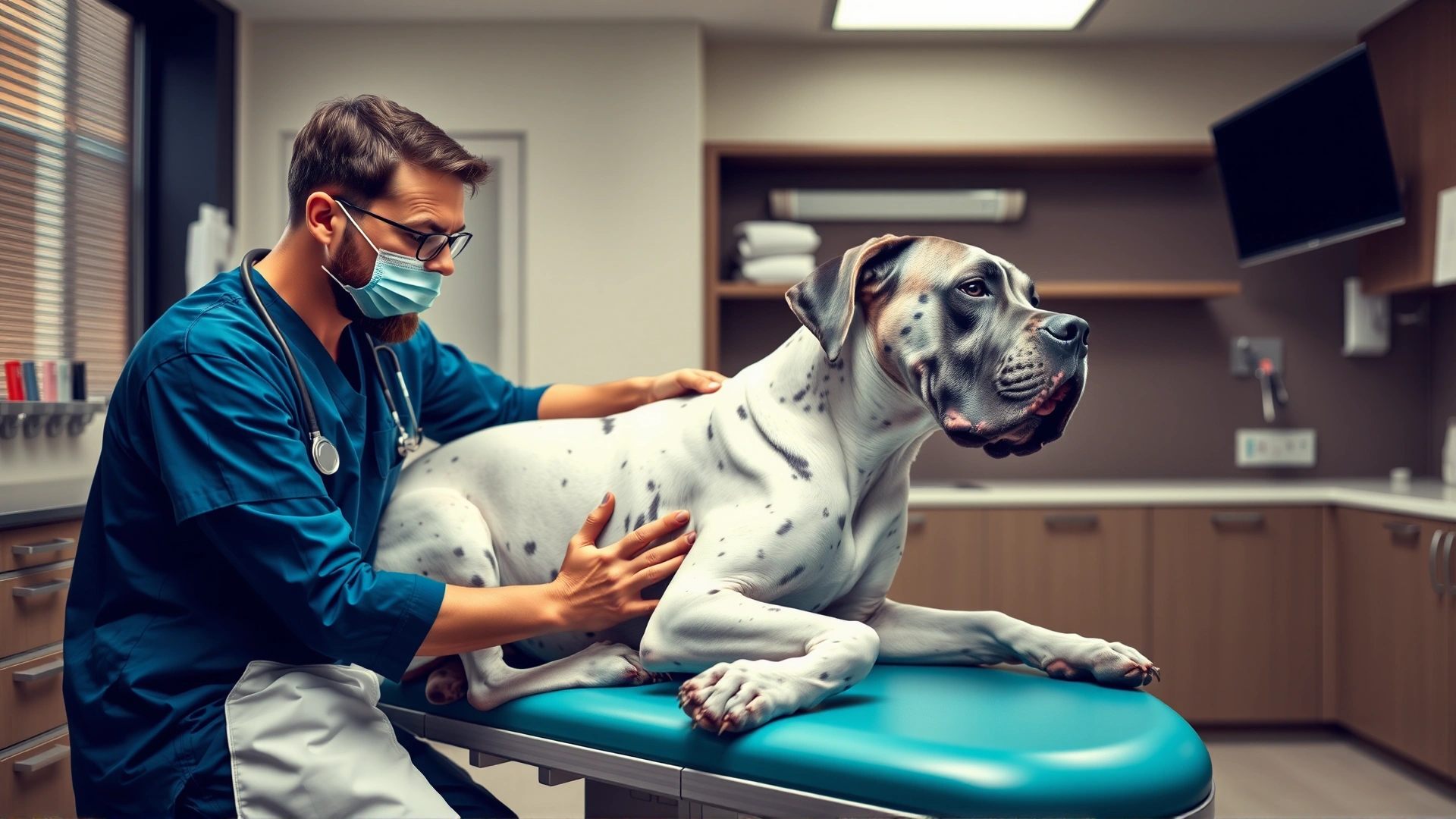 Veterinarian examining a Great Dane on an exam table inside a modern clinic