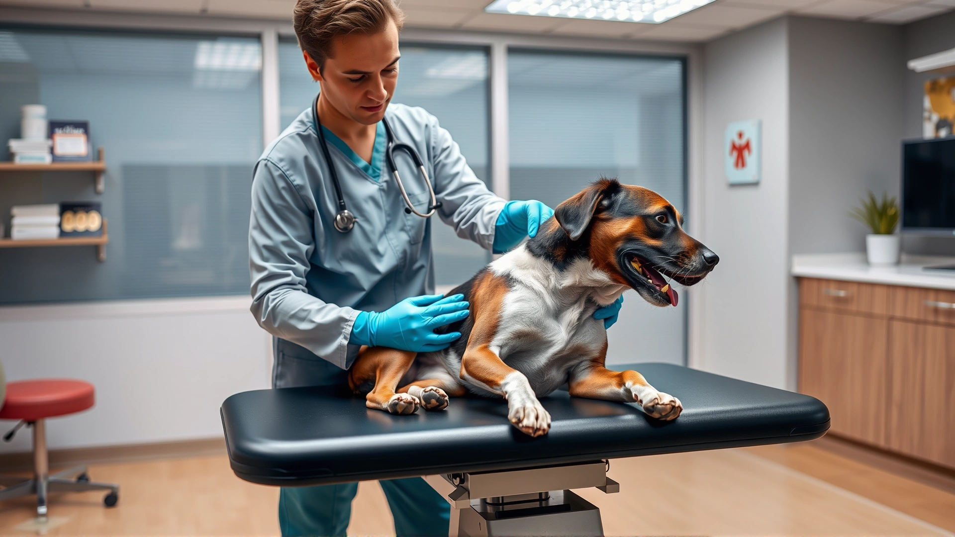 Veterinarian gently examining a dog's abdomen on an exam table inside a modern clinic.