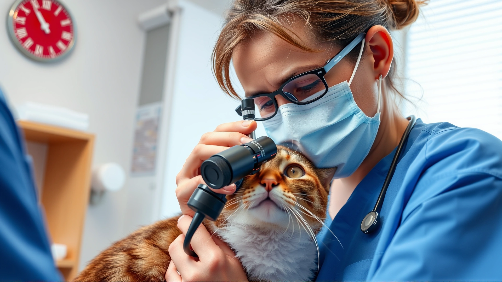 Veterinarian in a bright clinic gently examining a cat’s eyes using an ophthalmoscope.