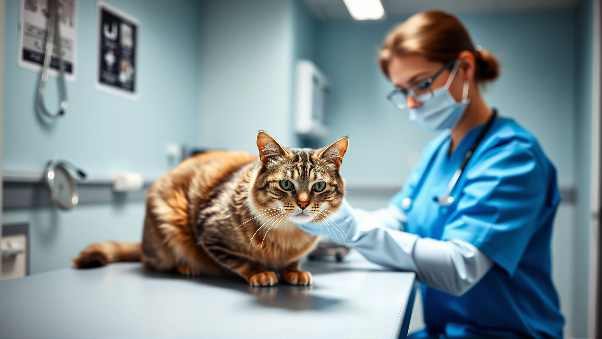 Bright veterinary clinic scene with a veterinarian in blue scrubs gently examining a calm cat on the table.