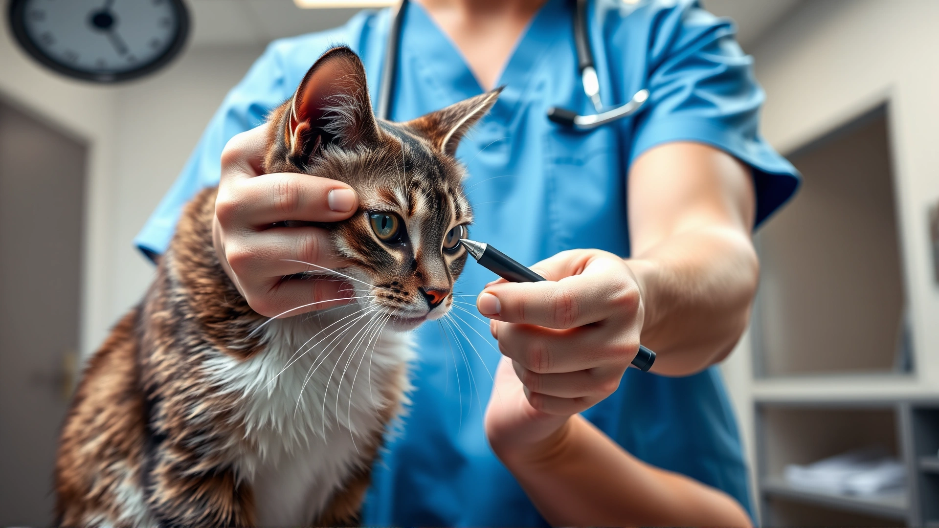 A veterinarian wearing blue scrubs gently holding a cat’s head while inspecting its eyes with a penlight in a modern exam room.