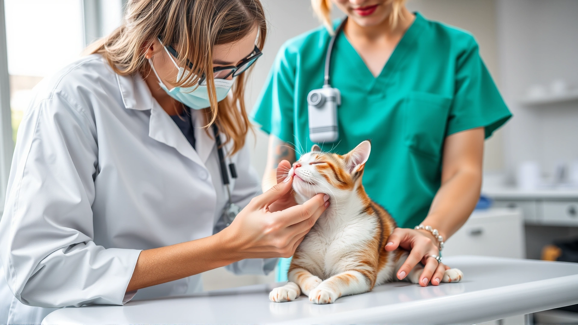 Veterinarian gently examining a cat’s nose and mouth on an exam table, modern clinic background, bright lighting