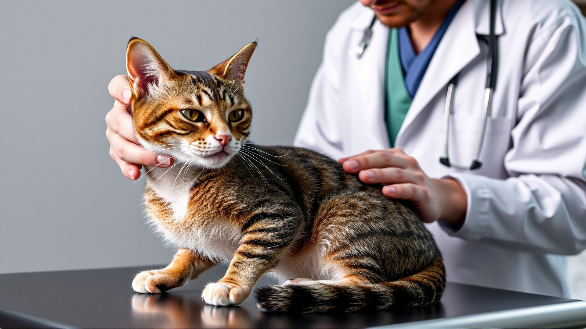 A veterinarian wearing a white coat and stethoscope carefully inspecting a cat's skin with a tick removal tool on an exam table