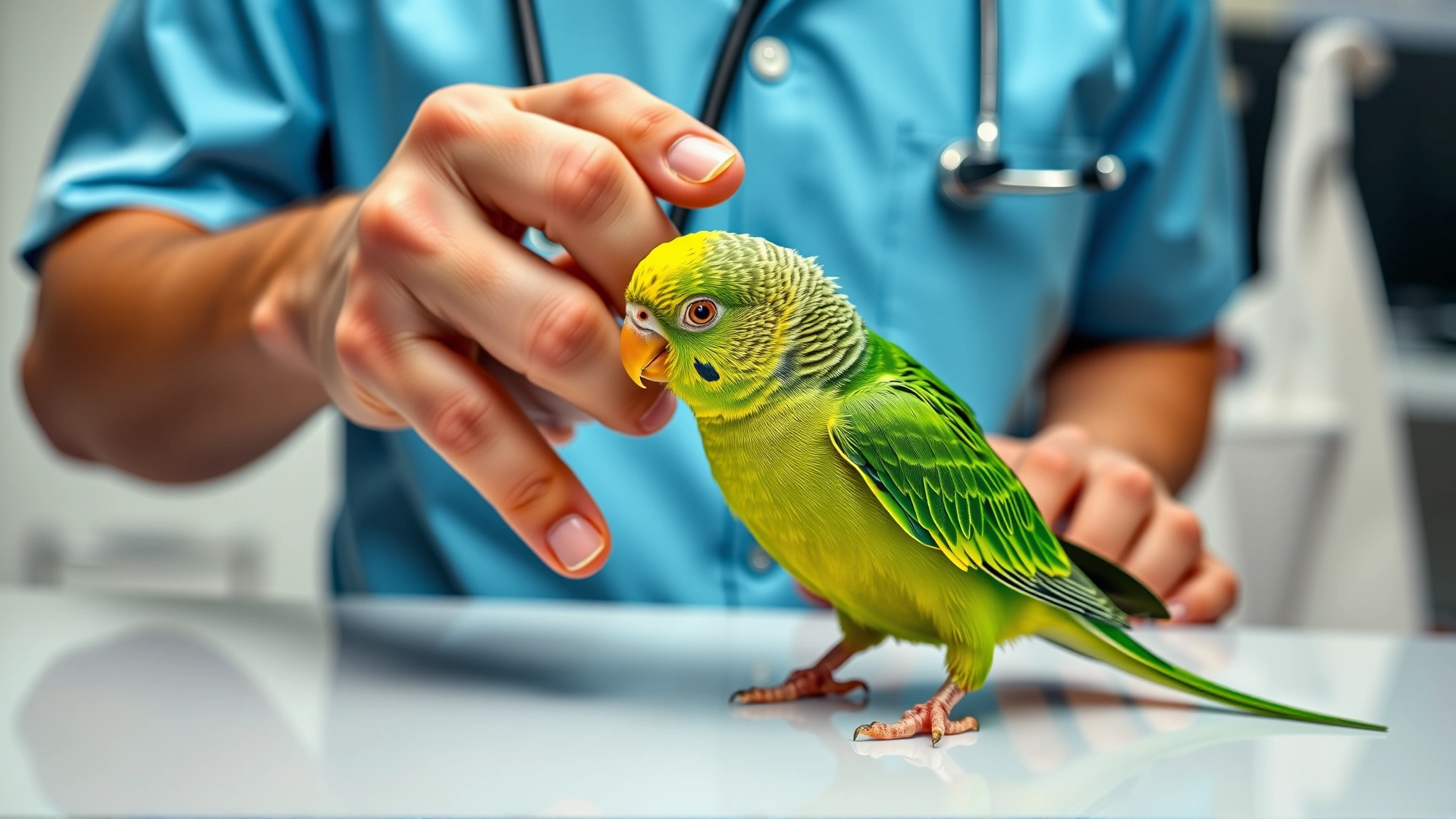 Veterinarian using a stethoscope to examine a small green parakeet on a clean clinic table, bright lighting, demonstrating professional care.