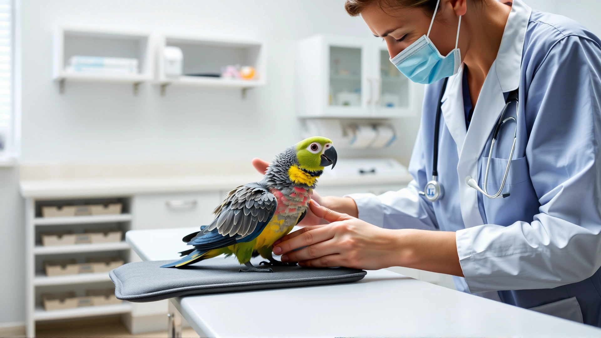 Image of an avian veterinarian gently examining a small parrot on a padded table in a bright clinic setting, stethoscope visible, soft lighting, no text