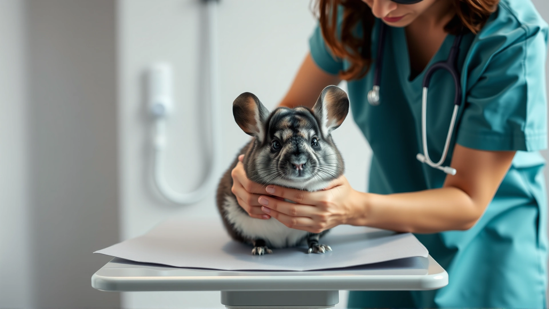 Veterinarian in scrubs performing a physical exam on a chinchilla on an examination table, calm environment, high detail