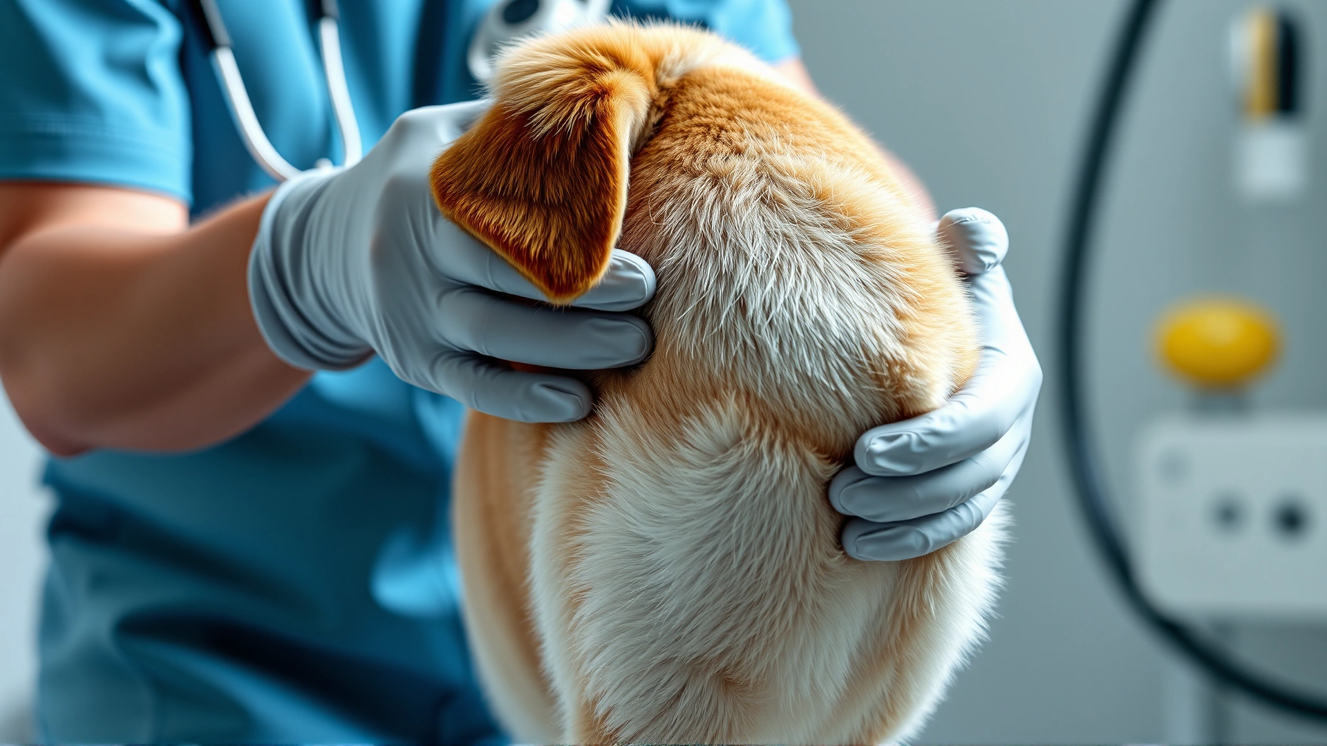 Veterinarian wearing gloves performing a physical examination on the rear of a medium-sized dog, clinical background.