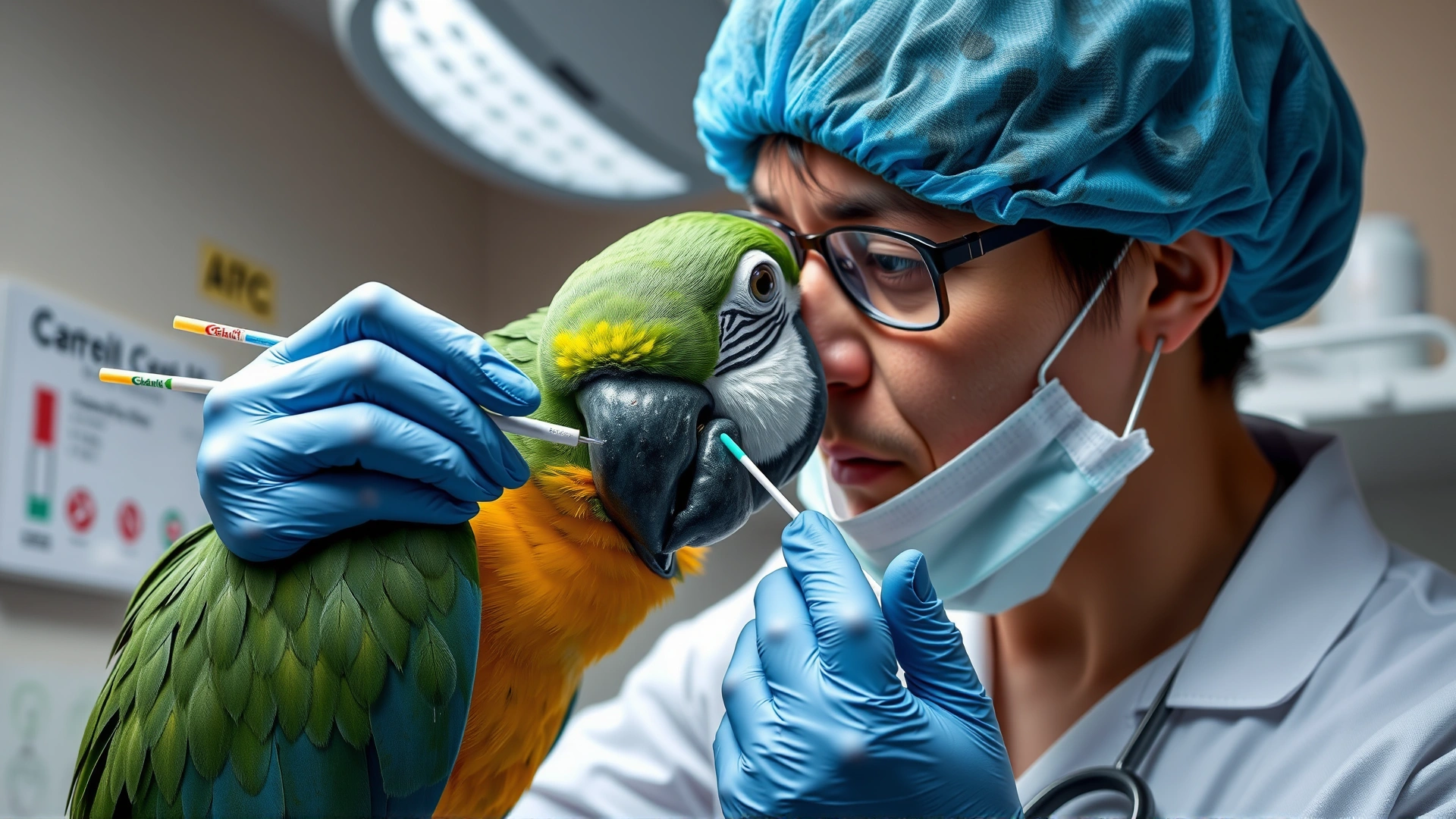Veterinarian gently swabbing a parrot’s cloaca for lab sample collection, clinic background.