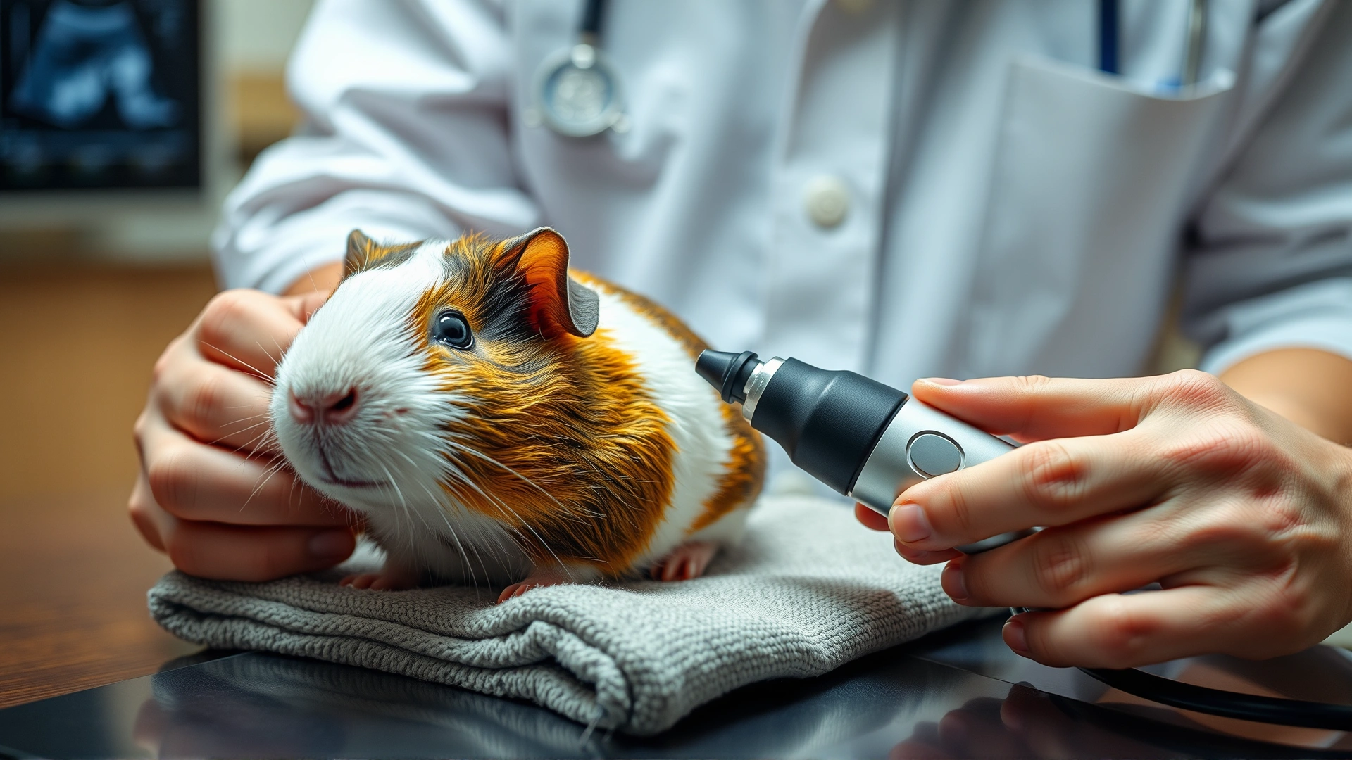 Guinea pig on a small towel being examined with an ultrasound probe by a veterinarian, clinic background slightly blurred