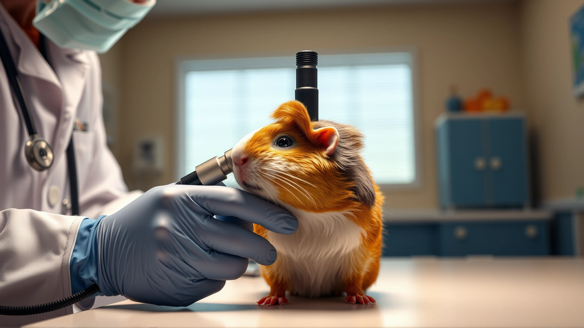 Veterinarian using an otoscope to examine a guinea pig’s ear in a well-lit clinic