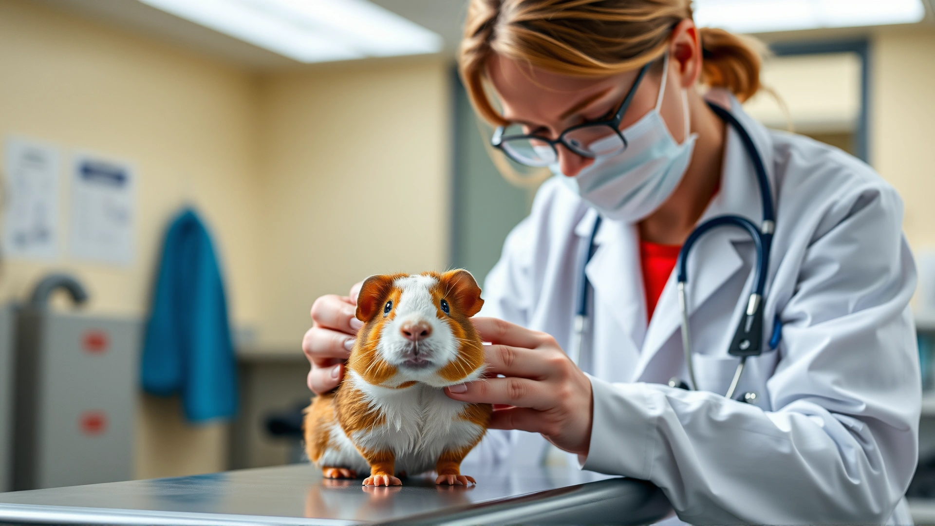 A veterinarian wearing a white coat and stethoscope carefully examining a guinea pig on an exam table, clinic interior blurred in background.