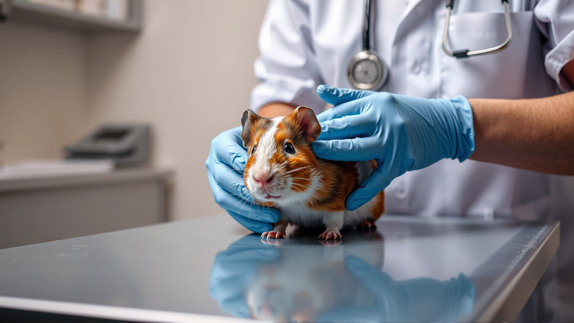 Veterinarian wearing gloves performing a general health check on a guinea pig on an examination table