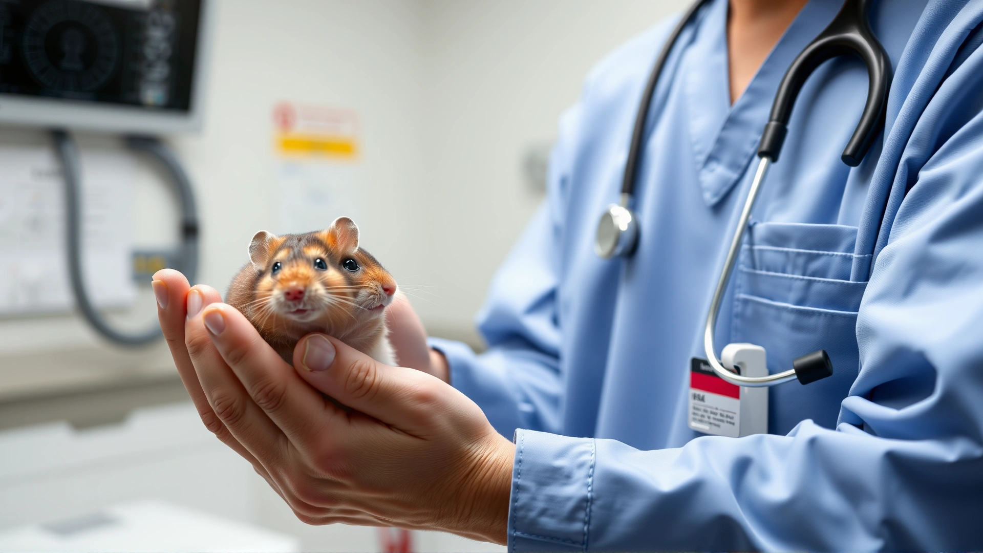 Veterinarian wearing scrubs gently holding a hamster while using a stethoscope in a clinical examination room
