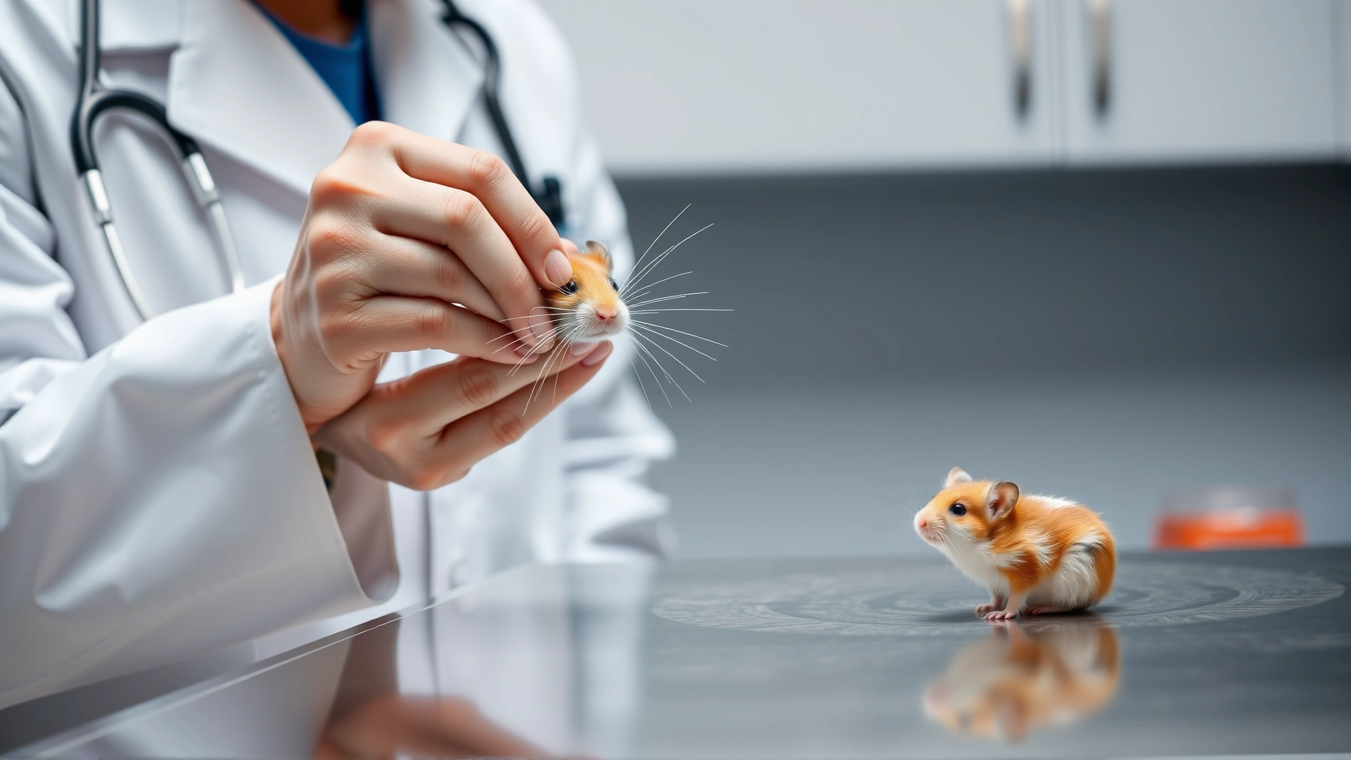 A veterinarian wearing a white coat and stethoscope gently examining a hamster on an exam table, highlighting the importance of professional veterinary care.