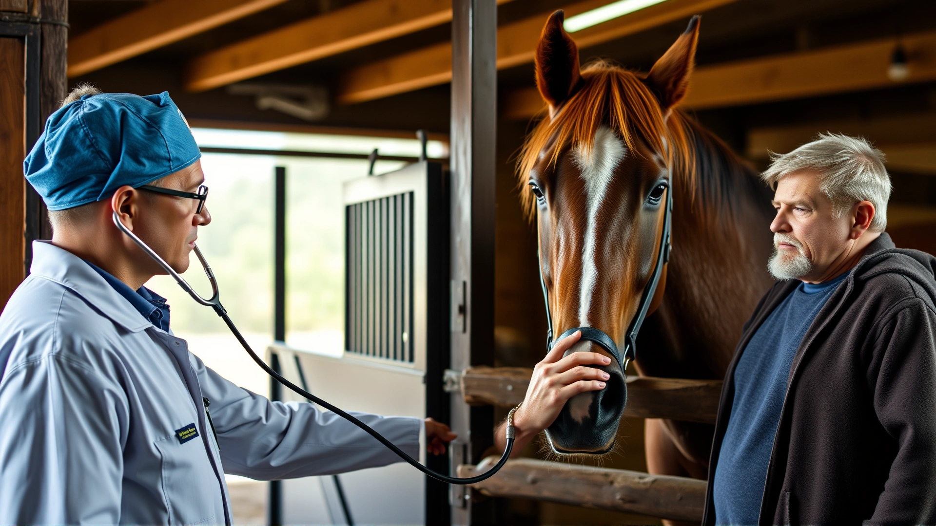 Veterinarian using a stethoscope to check a horse’s heart rate inside a barn while the concerned owner looks on
