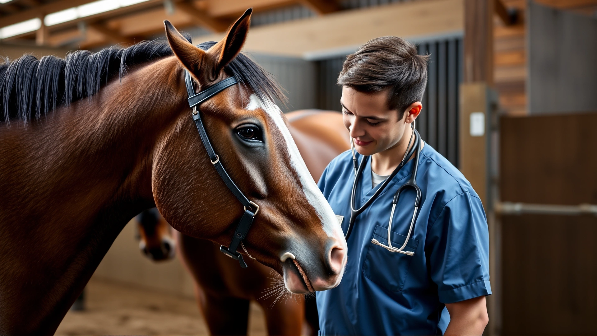 Equine veterinarian in scrubs listening to horse's abdomen with stethoscope in stable, caring expression, no text.