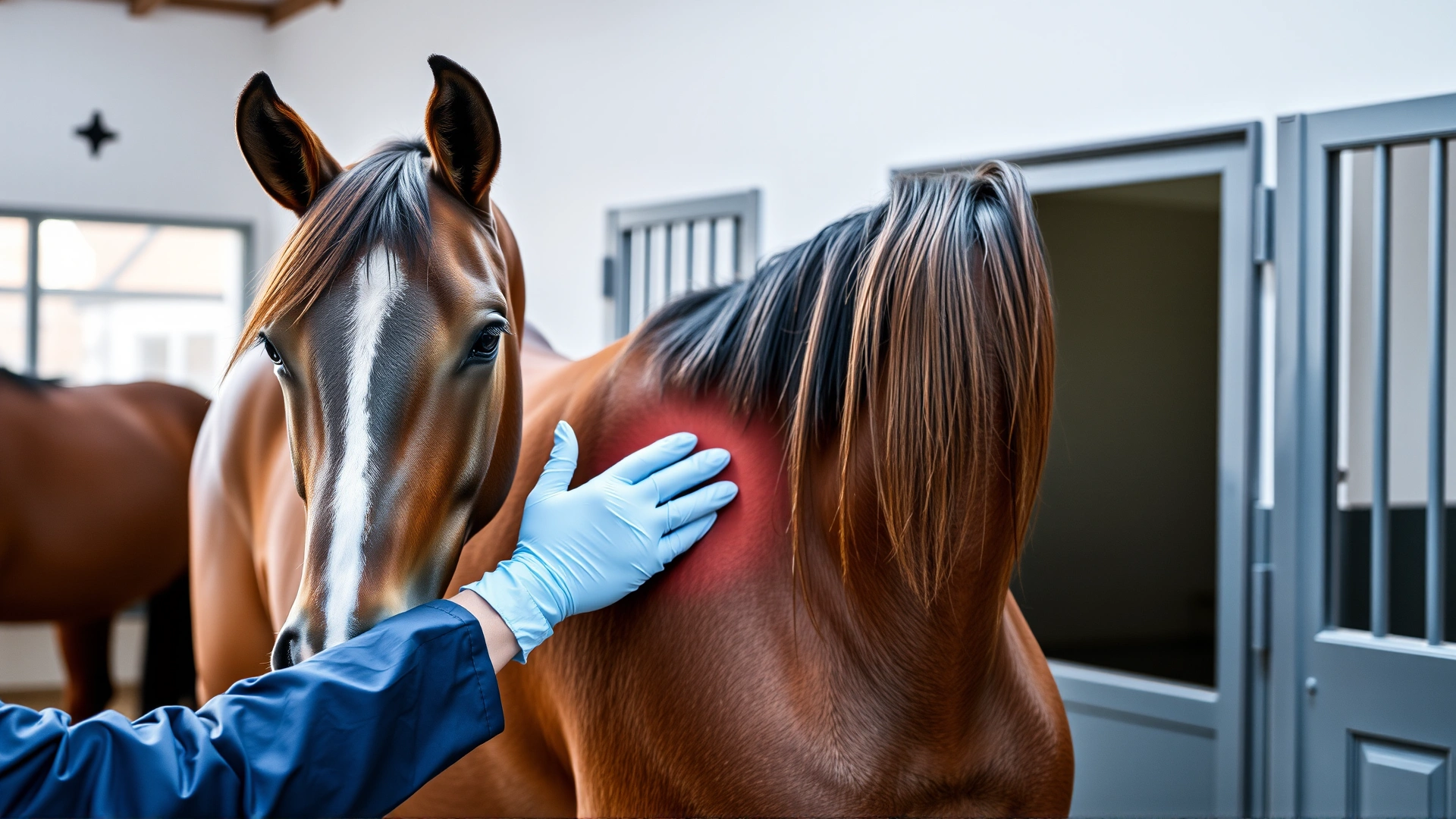 Equine veterinarian wearing gloves gently palpating a swollen area on a horse's chest inside a clean stable