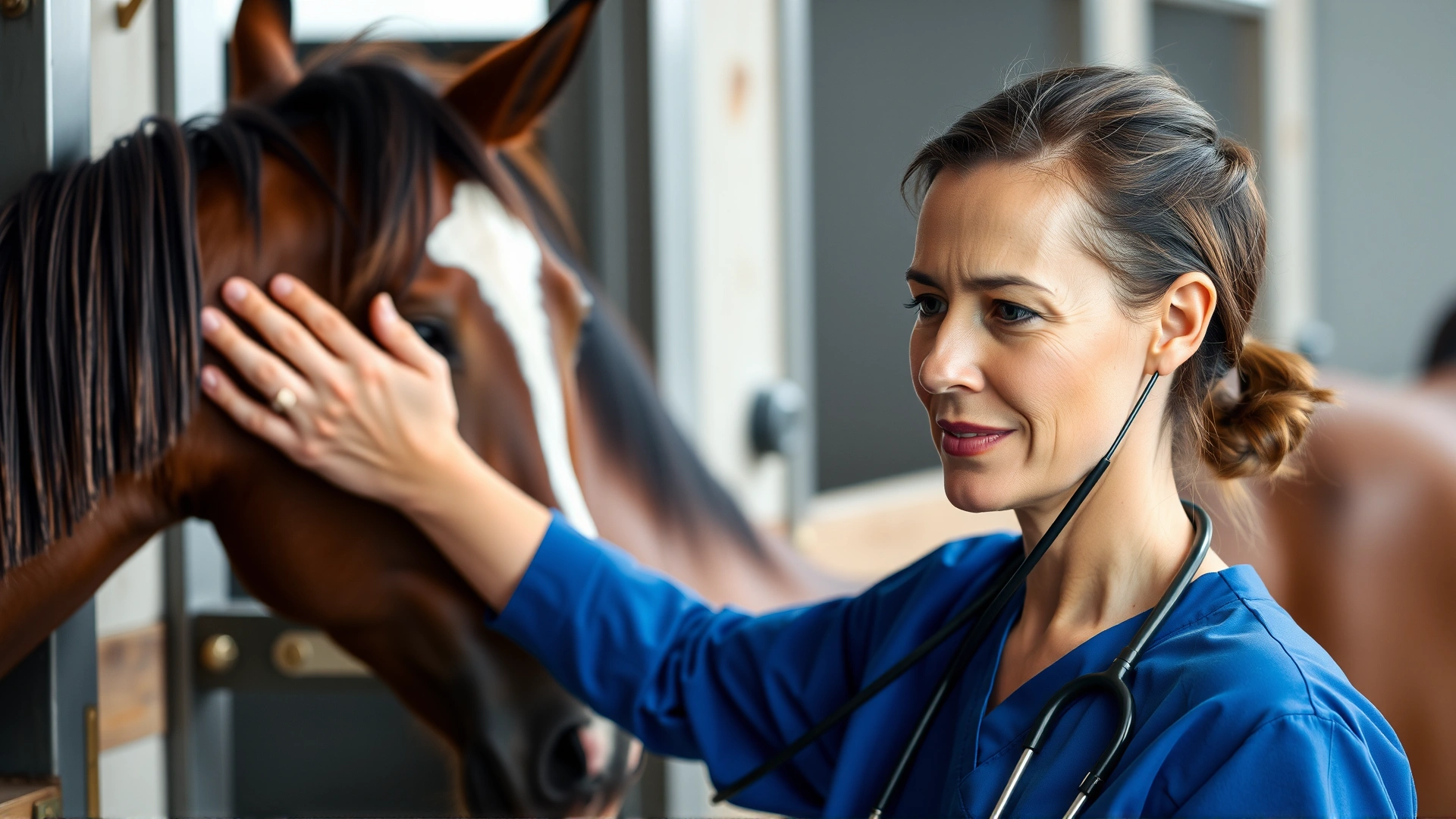 Veterinarian in stable gently palpating a horse’s shoulder while wearing blue scrubs and holding a stethoscope, conveying professional care.