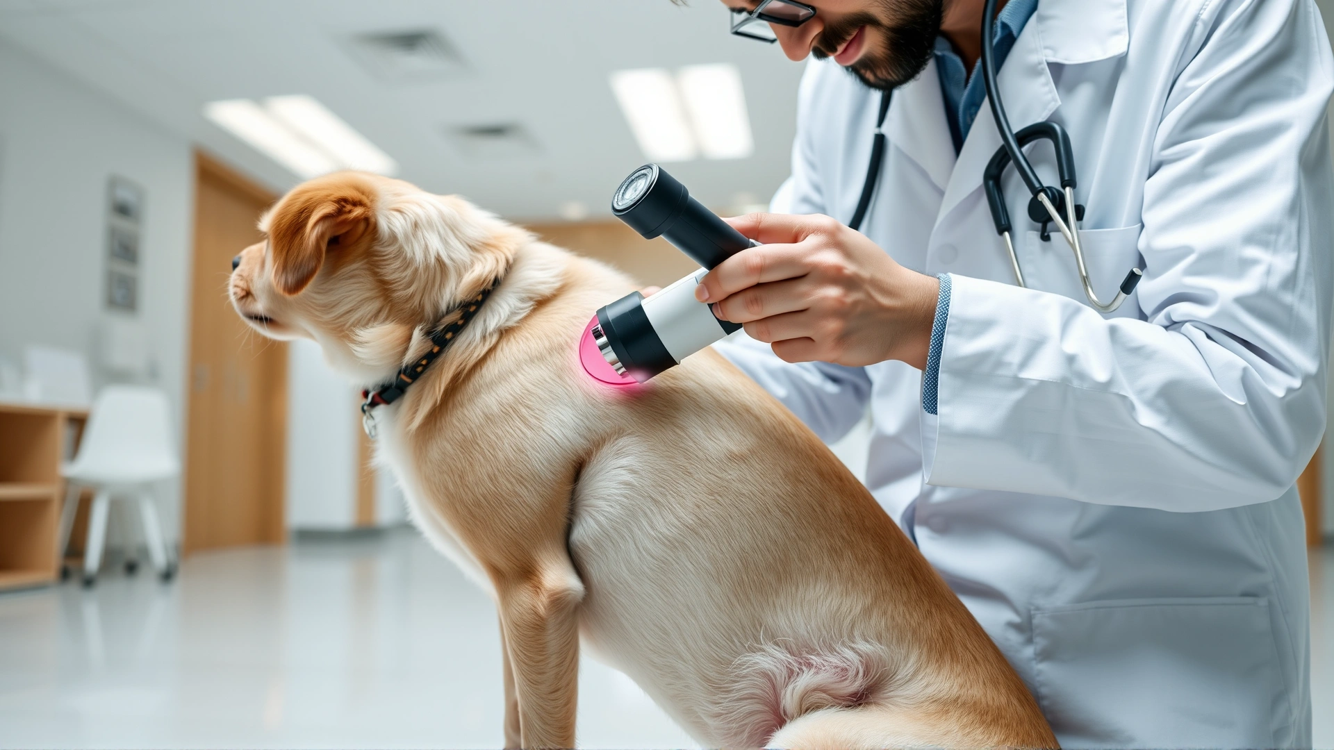 Veterinarian wearing white coat using handheld dermatoscope to examine the skin on a short-haired dog's belly inside a modern clinic