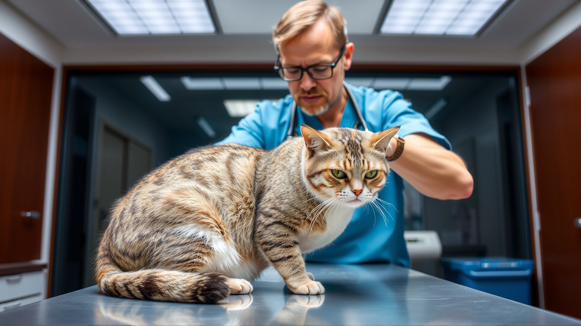 A veterinarian wearing scrubs carefully examining a calm cat on an exam table in a modern clinic, showing professional care.