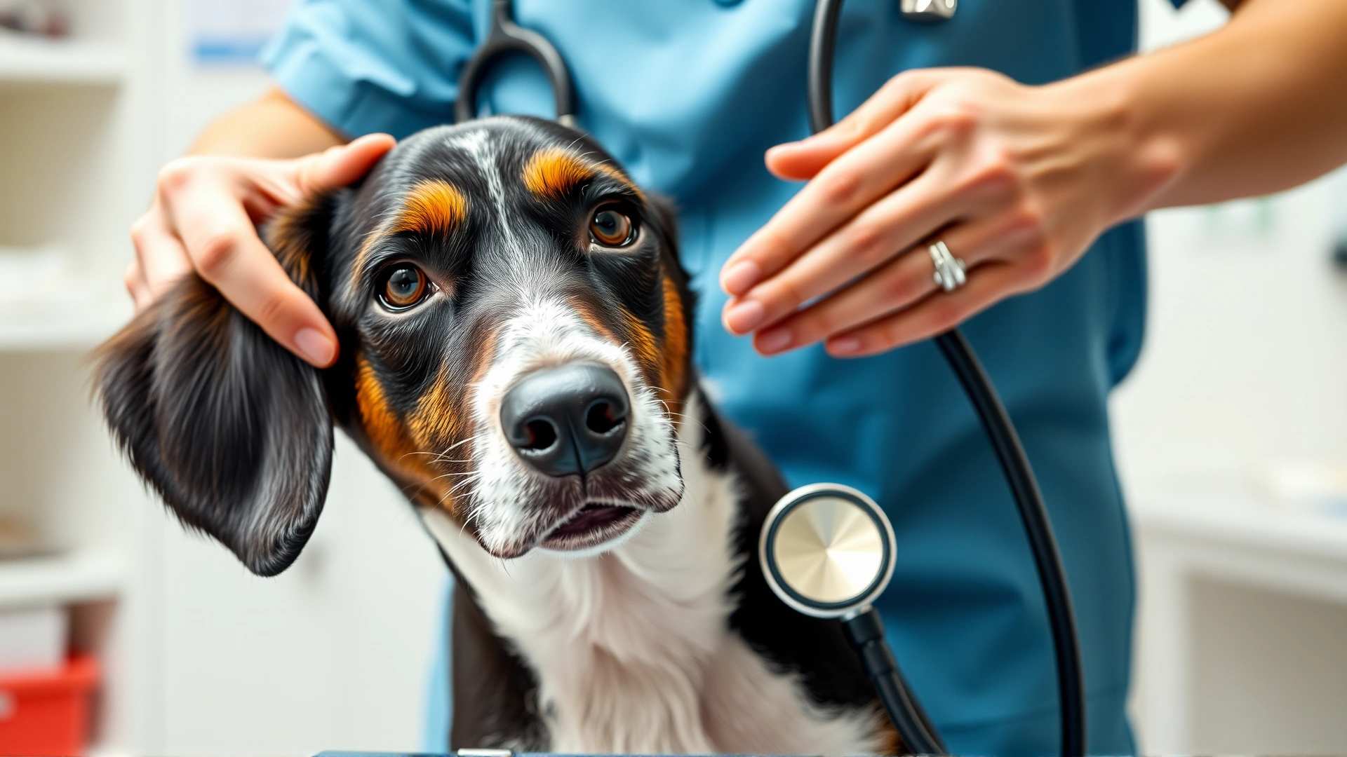 Dog being examined by a veterinarian in a clinic, stethoscope near the dog's chest