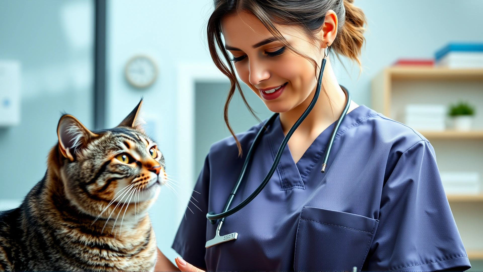 Female veterinarian wearing scrubs and using a stethoscope to examine a grey tabby cat, bright and modern clinic setting.