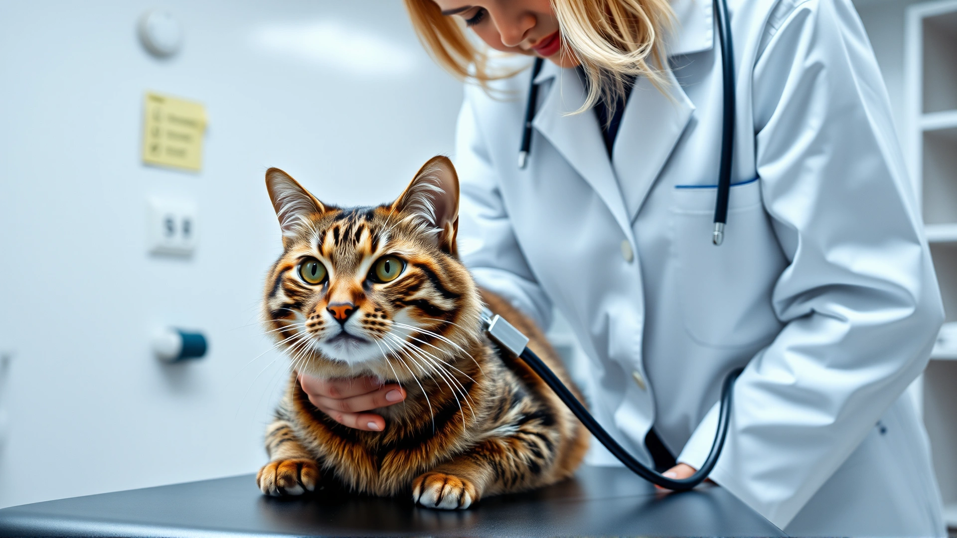 Female veterinarian wearing a white coat gently examining a tabby cat on an examination table in a modern clinic, focusing on the cat’s face and stethoscope.