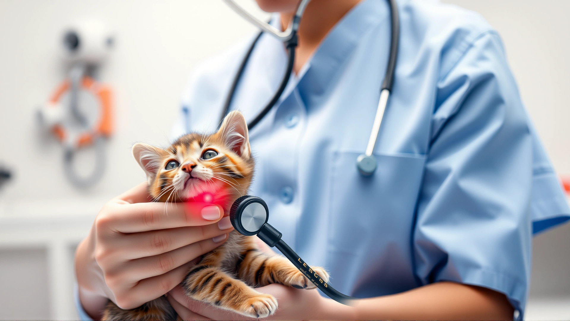 Veterinarian listening to a kitten’s heart with a stethoscope during a routine check-up, soft focus background with medical equipment