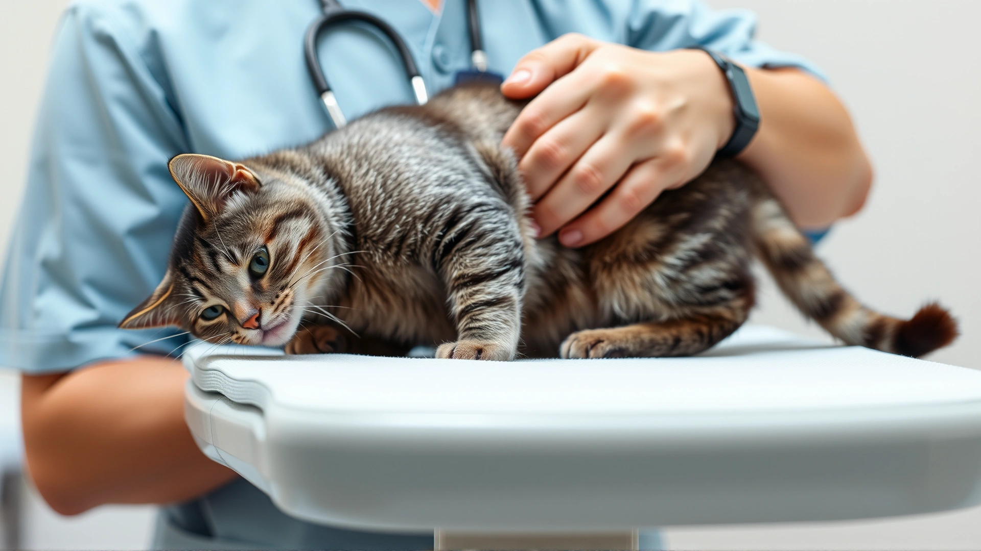 Photo of a veterinarian in scrubs carefully holding a grey tabby cat on an examination table, focusing on the vet’s attentive expression