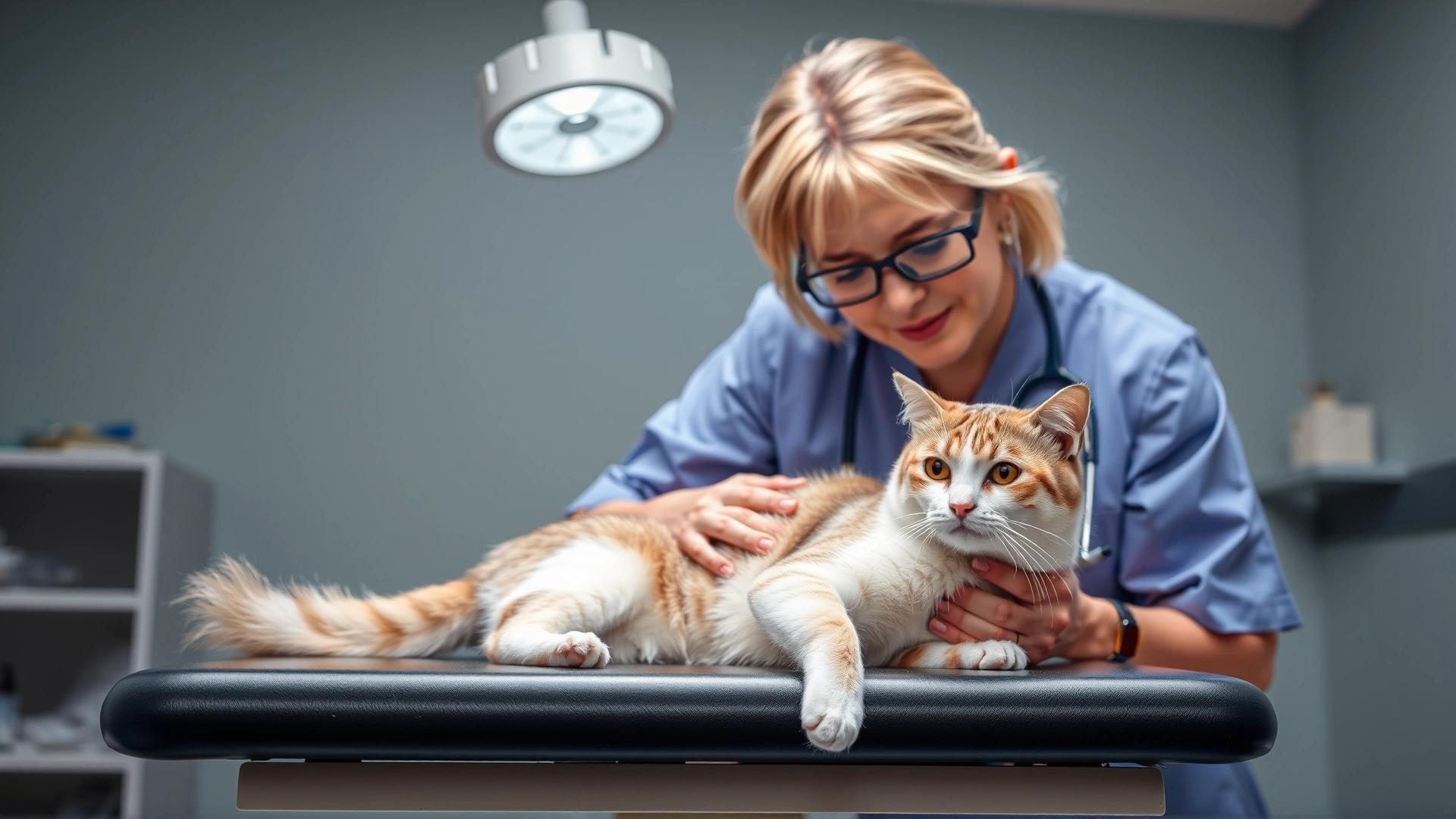 Veterinarian gently examining a domestic cat on an exam table, clinic setting, stethoscope visible, bright lighting
