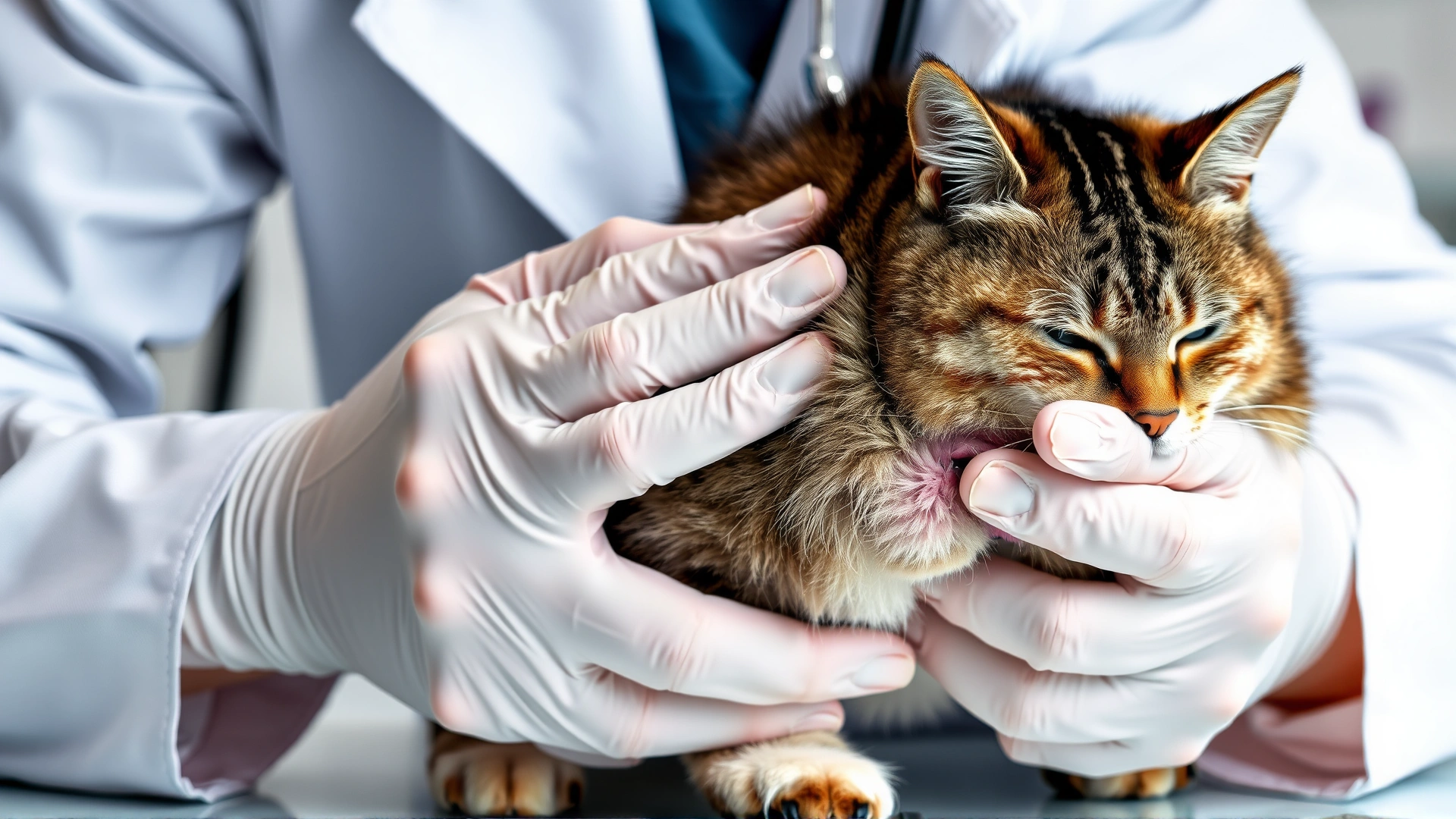 Veterinarian wearing white coat performing a rectal examination on a calm tabby cat, close-up focus on hands and cat’s rear area, clinical setting, sterile instruments in background.